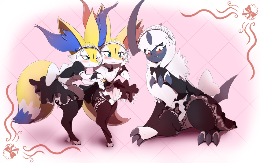 2girls absol alternate_costume alternate_eye_color alternate_shiny_pokemon animal_ear_fluff animal_ears animal_nose apron artist_name back_bow bangs biting black_dress black_gloves black_legwear black_neckwear blue_eyes blush body_fur bow bowtie braixen bridal_gauntlets claws clenched_teeth closed_mouth clothed_pokemon commentary constricted_pupils dated detached_collar dress dress_tug elbow_gloves embarrassed english_commentary enmaided eryz eyebrows_visible_through_hair fingerless_gloves flat_chest fox_ears fox_girl fox_tail frilled_dress frills full_body furry gen_3_pokemon gen_6_pokemon gloves hand_on_own_cheek hand_on_own_face hand_up happy highres holding_another's_arm leaning_forward leg_garter lip_biting looking_down maid maid_apron maid_headdress multiple_girls nervous off_shoulder one_eye_closed paws pink_background pokemon pokemon_(creature) puffy_short_sleeves puffy_sleeves red_eyes shiny shiny_hair short_hair short_sleeves sideways_mouth signature sitting sleeveless sleeveless_dress smile snout standing strap_slip tail teeth thighhighs toeless_legwear two-tone_fur wavy_mouth white_fur white_hair wrist_cuffs yellow_fur