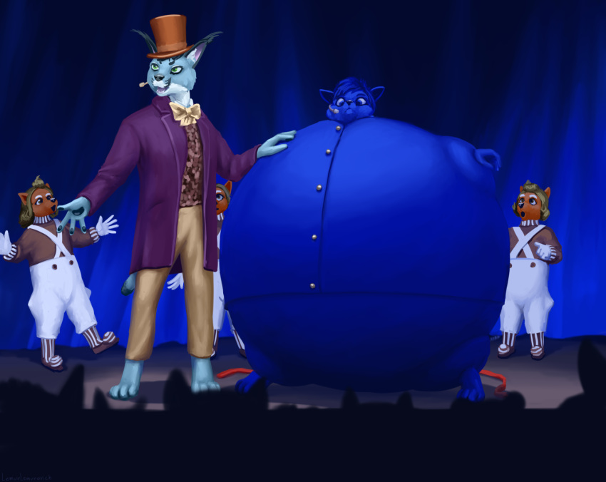 acting ambiguous_gender anthro audience belt blue_body blue_fur blue_hair blueberry_inflation body_inflation bow_tie canid canine canis chubby_cheeks clothed clothing crowd curtains expansion felid feline fur green_hair group hair hat headgear headphones headset headwear hi_res hyper hyper_inflation inflation inside lemurlemurovich lynx male mammal on_stage oompa_loompa open_mouth open_smile orange_body orange_fur performance round_body smile spherical_inflation stage standing top_hat willy_wonka willy_wonka_and_the_chocolate_factory wolf worried