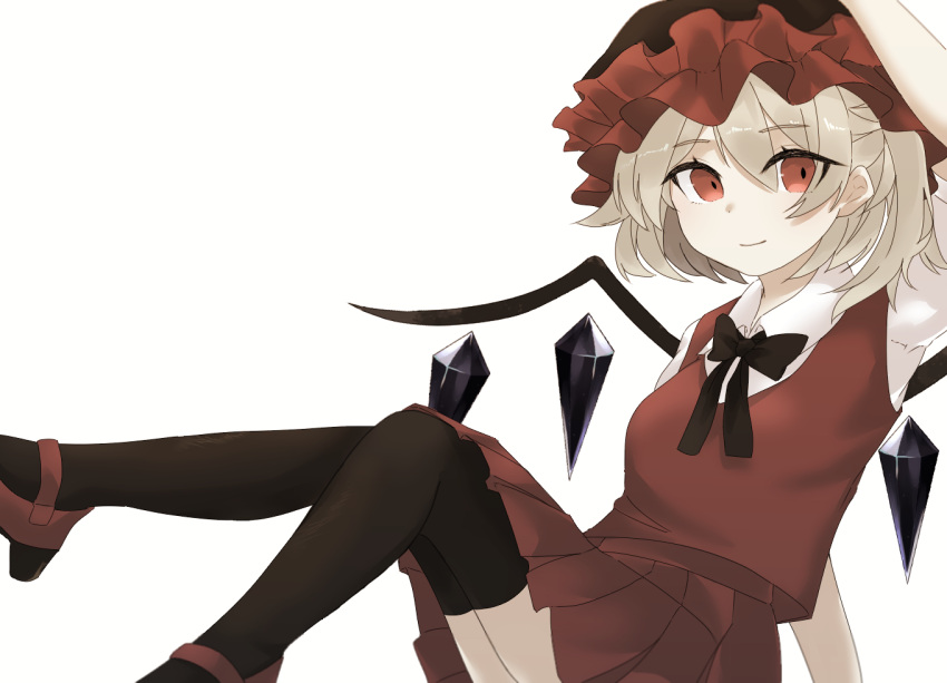 1girl alternate_costume arm_above_head arm_support black_bow black_headwear black_legwear black_neckwear blonde_hair bow bowtie breasts closed_mouth collared_shirt commentary_request crystal eyebrows_visible_through_hair feet_out_of_frame flandre_scarlet hat high_heels knees_up looking_at_viewer mob_cap one_side_up pleated_skirt red_eyes red_footwear red_headwear red_skirt red_vest senli shirt short_hair simple_background sitting skirt skirt_set small_breasts smile solo thighhighs touhou vest white_background white_shirt wings