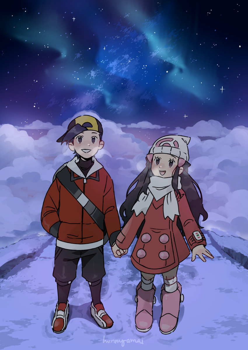 1boy 1girl absurdres aurora backwards_hat baseball_cap beanie black_hair black_legwear blush boots capri_pants coat commentary_request dawn_(pokemon) ethan_(pokemon) eyelashes hair_ornament hairclip hand_in_pocket hat highres holding_hand hunnyamai jacket long_sleeves looking_up night open_mouth outdoors over-kneehighs pants parted_lips path pink_footwear pokemon pokemon_(game) pokemon_dppt pokemon_hgss pokemon_platinum red_coat red_jacket scarf shoes sidelocks signature sky smile socks thighhighs tongue white_headwear white_legwear white_scarf