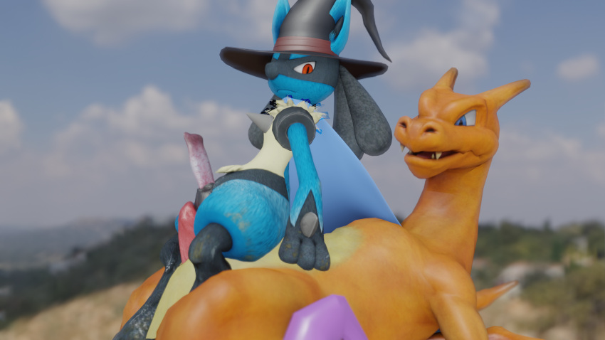 anthro becoming_erect blue_cape canid canine cape charizard clothing erection genitals hat headgear headwear henry_(henrycharizardboi) henrycharizardboi hi_res lap_sit lucario magic_user male male/male mammal nintendo on_lap penis pok&eacute;mon pok&eacute;mon_(species) reptile scalie video_games witch witch_hat