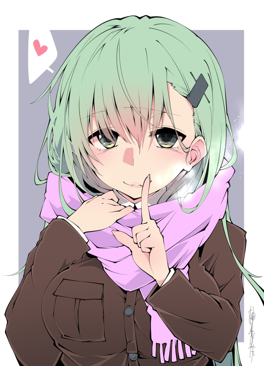 1girl aqua_hair bangs breast_pocket breasts breath brown_jacket eyebrows_visible_through_hair fang finger_to_mouth green_eyes hair_between_eyes hair_ornament hairclip heart highres jacket kantai_collection large_breasts lips long_hair pink_scarf pocket sakakiba_misogi scarf signature simple_background skin_fang smile solo spoken_heart suzuya_(kancolle) two-tone_background upper_body