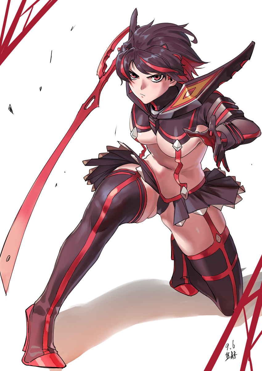 1girl absurdres black_footwear black_hair black_shirt black_skirt boots breasts closed_mouth crop_top gloves high_heels highres holding holding_sword holding_weapon jinlin kill_la_kill matoi_ryuuko medium_breasts miniskirt multicolored_hair navel red_eyes red_hair revealing_clothes scissor_blade senketsu shirt short_hair showgirl_skirt simple_background skirt stance streaked_hair suspenders sword thigh_boots thighhighs two-tone_hair underboob weapon white_background