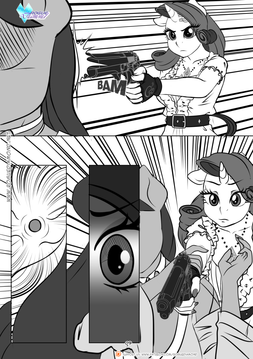 anthro anthrofied clothed clothing comic duo equid equine female friendship_is_magic gun hasbro hi_res holding_gun holding_object holding_weapon horn mammal monochrome my_little_pony octavia_(mlp) pia-sama ranged_weapon rarity_(mlp) unicorn weapon