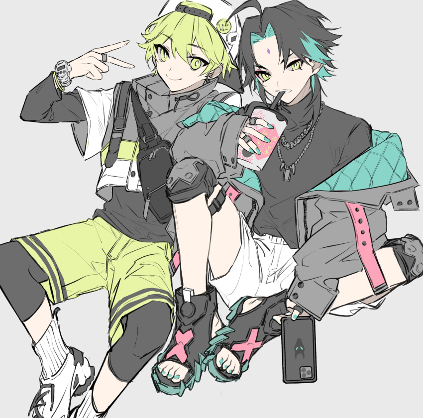 2boys aether_(genshin_impact) ahoge alternate_costume backwards_hat bag bangs baseball_cap black_hair black_sweater cellphone cup drinking_straw eyebrows_visible_through_hair facial_mark forehead_mark genshin_impact green_eyes green_hair green_nails green_shorts grey_background hair_between_eyes hat highres holding holding_cup holding_phone honeymilk0252 jacket jewelry male_focus multicolored_hair multiple_boys nail_polish necklace open_mouth open_toe_shoes phone ring shoes shorts simple_background sitting smartphone smile sneakers socks sweater toenail_polish turtleneck turtleneck_sweater v watch white_legwear white_shorts wristwatch xiao_(genshin_impact)