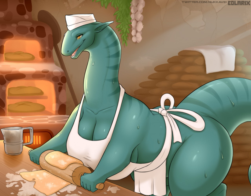 anthro apron apron_only baker big_breasts bodily_fluids breasts clothing colarix curvy_figure dough dragon female hat headgear headwear long_neck mostly_nude non-mammal_breasts open_mouth oven rolling_pin scalie slightly_chubby solo sweat thick_tail thick_thighs voluptuous