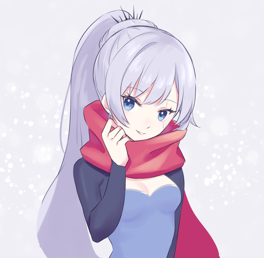 1girl bangs blue_eyes breasts cleavage earrings eyebrows_visible_through_hair grey_background highres jewelry long_hair long_sleeves looking_at_viewer maguro_(guromaguro) parted_lips ponytail red_scarf rwby scar scar_across_eye scarf shiny shiny_hair shrug_(clothing) silver_hair small_breasts smile solo upper_body very_long_hair weiss_schnee