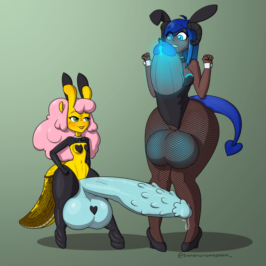 absurd_res anthro balls banana_slug bananaramasama big_balls big_breasts big_penis blep blue_eyes blue_hair bodily_fluids bow_tie breasts breyt brown_body brown_skin bunny_costume clothing costume cum curled_hair demon duo embarrassed erection fake_ears fishnet_leggings footwear genital_fluids genital_growth genitals gloves glowing glowing_cum glowing_eyes glowing_genitalia glowing_nipples glowing_penis green_eyes growth hair half_demon handwear herm hi_res high_heels horn huge_balls huge_breasts huge_hips huge_penis huge_thighs human hybrid intersex intersex/intersex kela_ariolima latex_clothing latex_gloves latex_leggings mammal medium_breasts nipples pasties peeking_nipple penis penis_growth pink_hair precum shoes short_stack solo spade_tail straight_hair thick_thighs tongue tongue_out translucent translucent_balls translucent_penis unusual_cum wardrobe_malfunction wet wet_body wet_skin