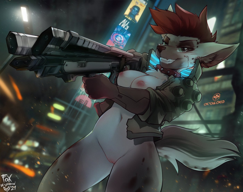 2021 anthro areola bottomless breasts city cleavage cleft_of_venus clothed clothing collar curvy_figure cyberpunk_2077 exposed_breasts female fur genitals gloves green_eyes grey_body grey_fur gun hair handwear hyaenid jacket mammal navel nipples pussy ranged_weapon red_hair science_fiction signature smile smirk solo spiked_collar spikes spots spots_(marking) spotted_body spotted_fur spotted_hyena teeth topwear video_games weapon yakeera_(hoofen) zero-sum