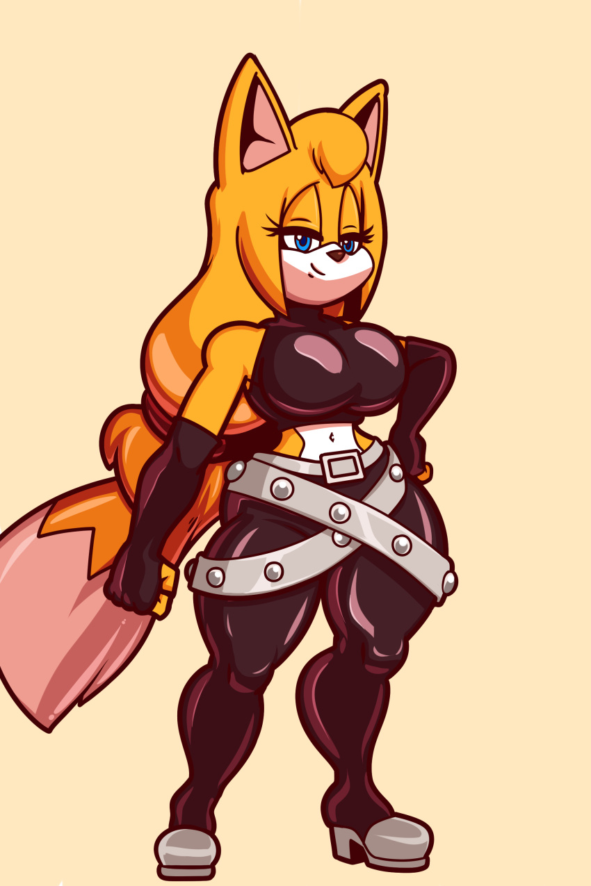 absurd_res anthro armwear belt bottomwear breasts canid canine clothed clothing female footwear fox fur hi_res mammal navel pants solo sonic_boom sonic_the_hedgehog_(series) superbunnygt video_games yellow_body yellow_fur zooey_the_fox