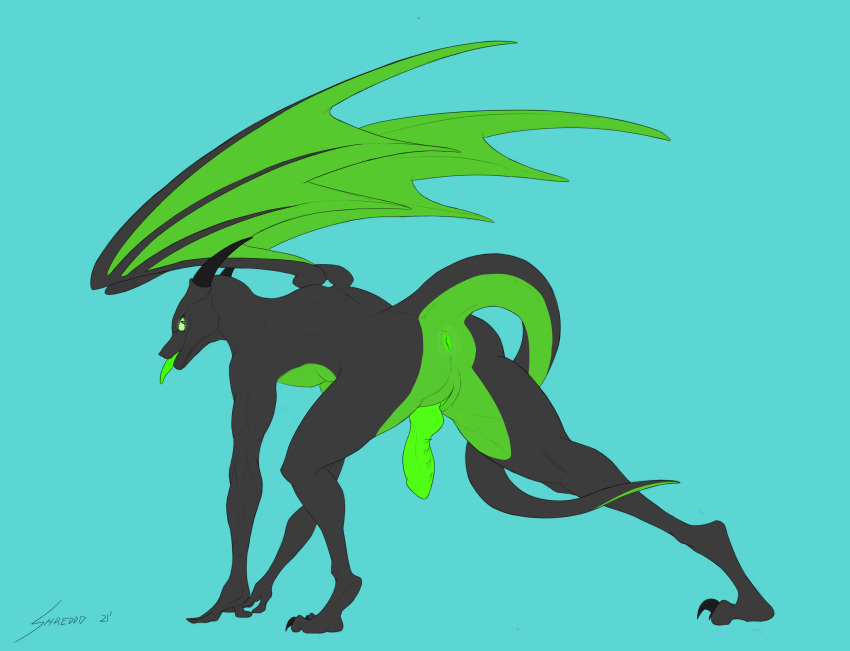 2021 absurd_res animal_genitalia anthro anus black_body butt claws crouching digital_media_(artwork) digitigrade dragon genital_slit genitals glowing glowing_anus glowing_eyes glowing_genitalia glowing_penis green_body green_eyes green_penis green_tongue hi_res horn knot looking_at_viewer looking_back looking_back_at_viewer male penis raised_wings scalie shredded_wheat signature simple_background slit solo spiked_penis spikes spikes_(anatomy) stretching tongue tongue_out western_dragon wings