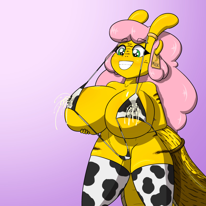 absurd_res animal_print anthro banana_slug bananaramasama big_breasts bikini bodily_fluids breasts camel_toe clothed clothing cow_print ear_tag female flavored_milk gastropod grin hair hi_res huge_breasts kela_ariolima lactating lactating_through_clothing legwear milk mollusk pink_hair short_stack sling_bikini smile solo swimwear thigh_highs wet wet_body wet_clothing wet_skin yellow_body yellow_skin