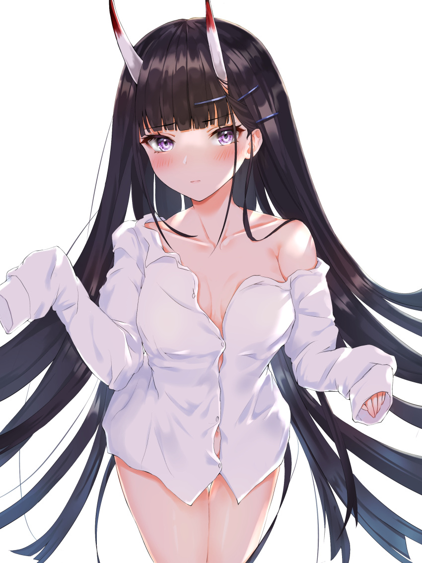 1girl absurdres azur_lane bangs bare_shoulders black_hair blunt_bangs blush breasts cleavage closed_mouth collarbone cowboy_shot eyebrows_visible_through_hair futon_fly_away hair_ornament hairclip highres horns long_hair long_sleeves looking_at_viewer noshiro_(azur_lane) off_shoulder oni_horns purple_eyes shirt simple_background sleeves_past_fingers sleeves_past_wrists small_breasts solo white_background white_shirt