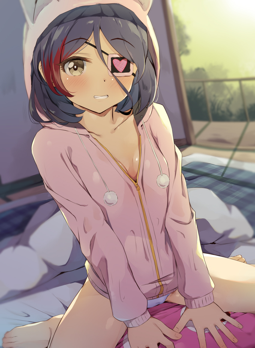 1girl animal_hood bare_legs barefoot black_hair blue_panties blurry blurry_background blush breasts cleavage collarbone commentary_request eyebrows_visible_through_hair eyepatch girl_on_top hair_between_eyes hayasaka_mirei heart heart_print highres hood idolmaster idolmaster_cinderella_girls indoors long_sleeves looking_at_viewer medium_breasts multicolored_hair one_eye_covered pajamas panties pink_pajamas print_eyepatch red_hair seneto short_hair sitting small_breasts smile solo_focus streaked_hair teeth toes underwear wariza white_panties