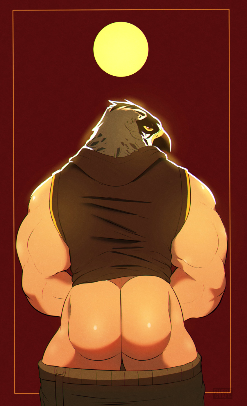 2021 absurd_res animal_head anthro avian beak big_butt bird butt clothed clothing deity egyptian_mythology falcon falconid feathers flufflecraft for_a_head hi_res hoodie horus looking_at_viewer looking_back looking_back_at_viewer male middle_eastern_mythology muscular muscular_anthro muscular_male mythology pants_down partially_clothed red_background simple_background sleeveless_hoodie solo sun topwear