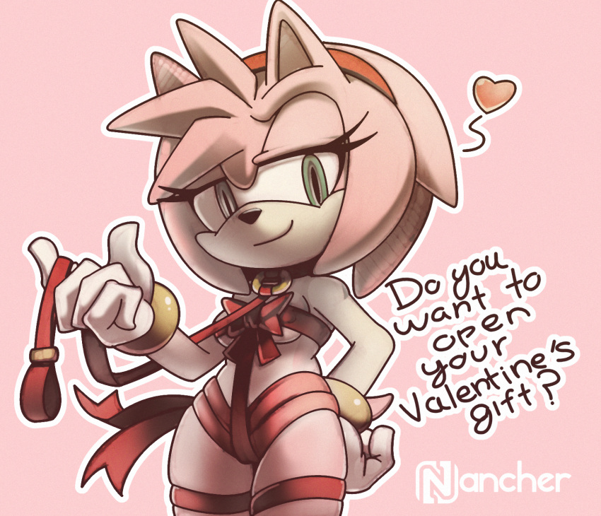 &lt;3 2021 accessory amy_rose anthro breasts clothing dialogue english_text eulipotyphlan female gloves green_eyes hair_accessory hairband half-closed_eyes handwear hedgehog hi_res holidays mammal nancher narrowed_eyes signature smile solo sonic_the_hedgehog_(series) text valentine's_day video_games