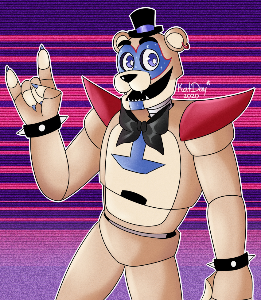 2020 abstract_background animatronic anthro black_nose blue_body blue_eyes bodypaint bow_tie bracelet claws clothing face_paint fangs featureless_crotch five_nights_at_freddy's five_nights_at_freddy's:_security_breach glamrock_freddy_(fnaf) hand-horns hat headgear headwear hi_res jewelry katdaykatz looking_at_viewer machine male mammal multicolored_body multicolored_ears open_mouth portrait pose purple_background red_background robot round_ears sharp_claws sharp_teeth short_ears shoulder_guards simple_background smile solo spiked_bracelet spikes standing star tan_body tan_ears teeth top_hat two_tone_body two_tone_ears ursid video_games