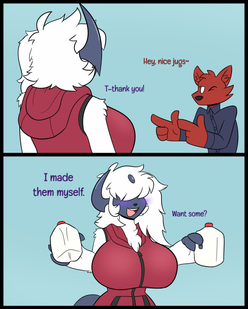absol anthro big_breasts big_hands blush breasts canid canine claws clothed clothing comic covered_eyes curvy_figure english_text female fox fur hi_res humor lemondude male mammal milk nintendo pok&eacute;mon pok&eacute;mon_(species) red_body red_fur simple_background tater_(lemondude) text tia_(lunarspy) video_games white_body white_fur