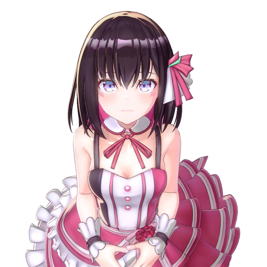 1girl 3d azki_(hololive) bangs bare_shoulders black_hair blush blush_stickers breasts chuukarudoruhu cleavage colored_inner_hair commentary_request detached_collar dress gloves hair_ornament highres hololive looking_at_viewer multicolored_hair purple_eyes short_hair simple_background solo virtual_youtuber white_background wrist_cuffs