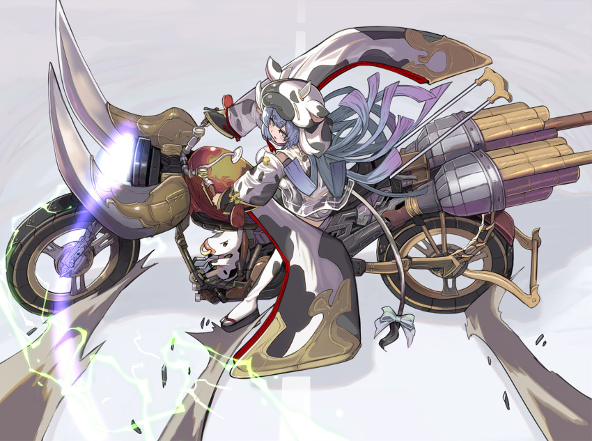 1girl akira animal_ears animal_print bangs bare_shoulders bikini blue_hair breasts cow cow_ears cow_girl cow_hat cow_horns cow_print cow_tail detached_sleeves draph granblue_fantasy ground_vehicle highres horns large_breasts long_hair looking_at_viewer motor_vehicle motorcycle on_motorcycle parody platform_footwear pointy_ears shatola_(granblue_fantasy) sheer_clothes shope short_shorts shorts swimsuit tail thighhighs thighs white_bikini white_legwear white_shorts wide_sleeves yellow_eyes