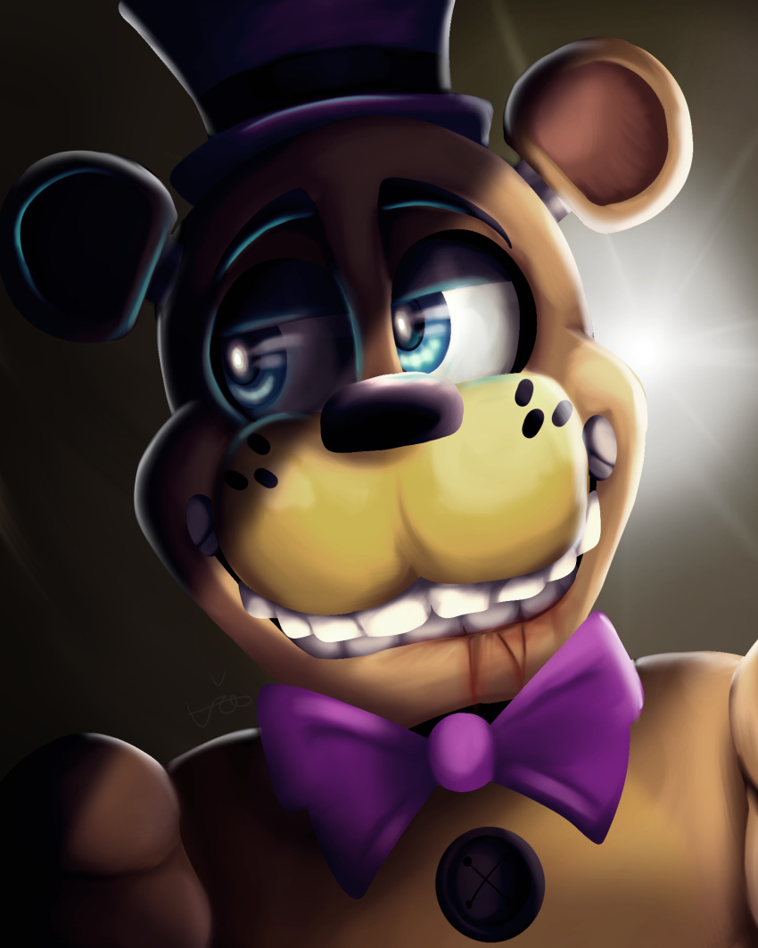 2020 4:5 animatronic anthro black_nose blood blood_from_mouth blood_on_face blue_eyes bodily_fluids bow_tie brown_ears close-up clothing five_nights_at_freddy's five_nights_at_freddy's_4 fredbear_(fnaf) glistening glistening_eyes half-closed_eyes hat headgear headwear hi_res light looking_aside looking_away lordofthefeathers machine male mammal multicolored_ears narrowed_eyes portrait robot round_ears shadow simple_background smile solo tan_background teeth top_hat two_tone_ears ursid video_games yellow_body yellow_ears