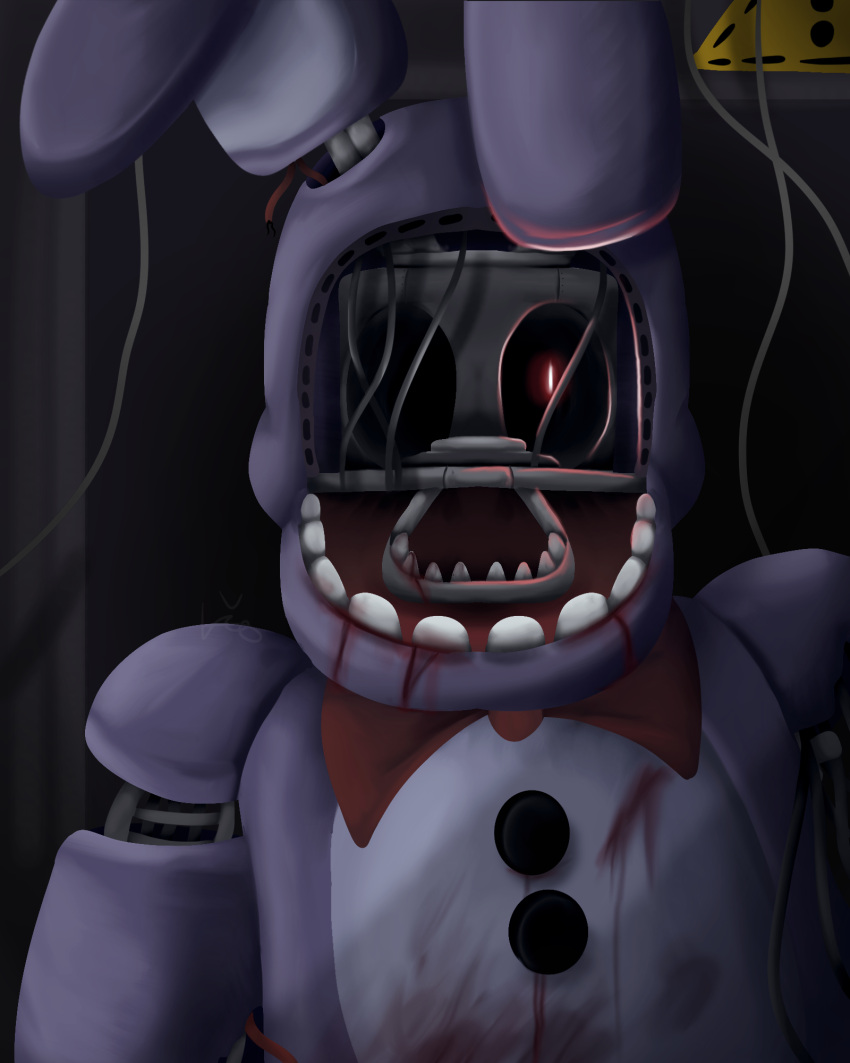 ! 1_arm 1_eye 2020 4:5 ambiguous_gender animatronic anthro black_background blood blood_on_body blood_on_face blood_stain blood_stains bodily_fluids bow_tie close-up dilated_pupils endoskeleton exposed_endoskeleton faceless faceless_ambiguous faceless_character five_nights_at_freddy's five_nights_at_freddy's_2 glowing glowing_eyes hi_res lagomorph leporid long_ears looking_at_viewer lordofthefeathers machine mammal metal metallic metallic_body multicolored_body multicolored_ears open_mouth portrait purple_body purple_ears rabbit red_eyes robot simple_background solo standing teeth video_games warning_sign white_body white_ears wire withered_bonnie_(fnaf)