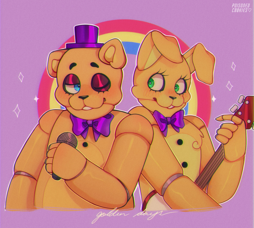 2020 ambiguous_gender animatronic anthro banjo_(instrument) blush bow_tie buckteeth clothing duo english_text eye_contact eyelashes five_nights_at_freddy's five_nights_at_freddy's_4 fredbear_(fnaf) fur happy hat headgear headwear hi_res holding_microphone holding_object lagomorph leporid long_ears looking_aside looking_at_another machine male mammal microphone multicolored_body multicolored_ears multicolored_fur musical_instrument one_eye_closed one_eye_half-closed orange_body orange_ears plucked_string_instrument poisoned-c00kies portrait purple_background rabbit rainbow raised_arm robot simple_background singer slightly_chubby smile sparkles spring_bonnie_(fnaf) standing string_instrument teeth text top_hat two_tone_body two_tone_ears two_tone_fur ursid video_games yellow_body yellow_ears yellow_fur