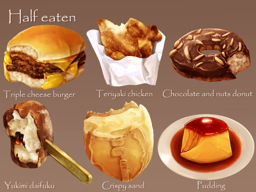 bread_bun cheese dessert food food_focus fried_chicken highres ice_cream kaneko_ryou meat no_humans nut_(food) original paper pastry plate pudding realistic sauce simple_background still_life wrapper