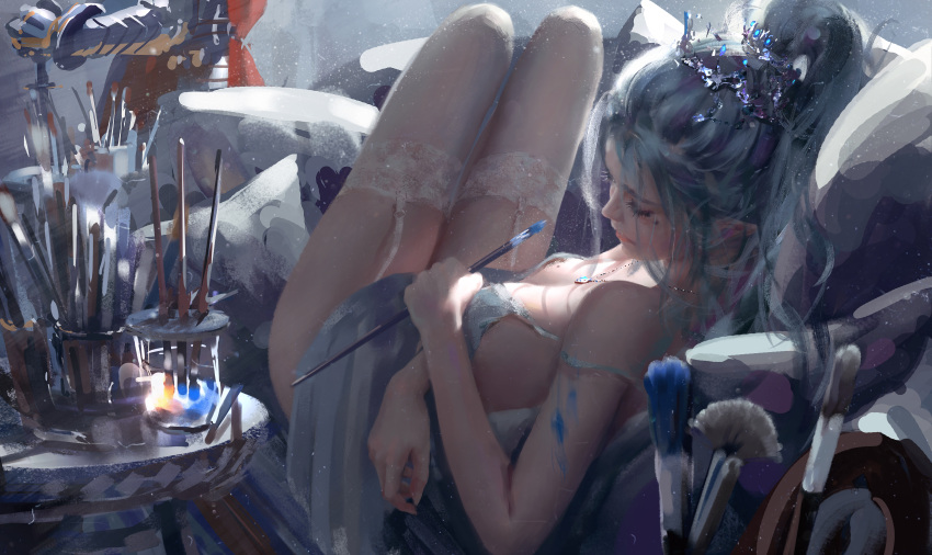 armor breasts cleavage couch crown dress garter_belt ghostblade gray_hair long_hair necklace pointed_ears ponytail princess_yan realistic stockings thighhighs wlop