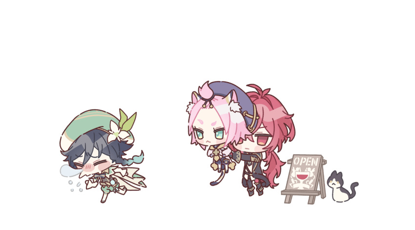 1girl 2boys animal_ears blue_hair blush_stickers braid carrying cat cat_ears cat_tail diluc_(genshin_impact) diona_(genshin_impact) genshin_impact green_eyes hair_ornament half-closed_eyes hat highres honeymilk0252 low_ponytail multiple_boys nose_bubble pants pink_hair red_eyes red_hair sign sneezing tail tied_hair trench_coat twin_braids venti_(genshin_impact)