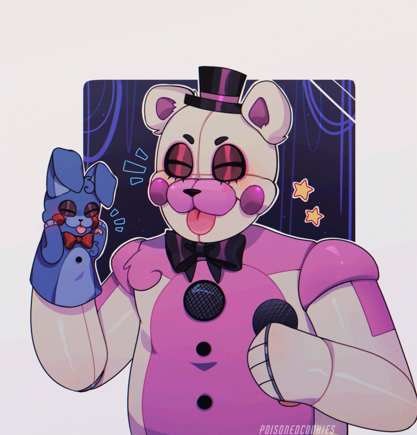&gt;:3c 2020 :3c abstract_background ambiguous_gender animatronic anthro big_ears black_background black_nose blep blue_background blue_body blue_ears blue_fur blue_hair blush border bow_tie close-up clothing duo eyelashes eyes_closed five_nights_at_freddy's funtime_freddy_(fnafsl) fur hair hand_on_face hand_on_head hand_puppet hat headgear headwear hi_res holding_microphone holding_object lagomorph leporid long_ears machine male mammal microphone multicolored_body multicolored_ears multicolored_fur pawpads paws pink_body pink_fur pink_tongue poisoned-c00kies portrait puppet puppet_bonnie_(fnafsl) purple_ears rabbit raised_arm robot shadow short_ears short_hair simple_background singer sister_location size_difference slightly_chubby smile standing star tongue tongue_out top_hat two_tone_body two_tone_ears two_tone_fur ursid video_games white_body white_border white_ears white_fur wire
