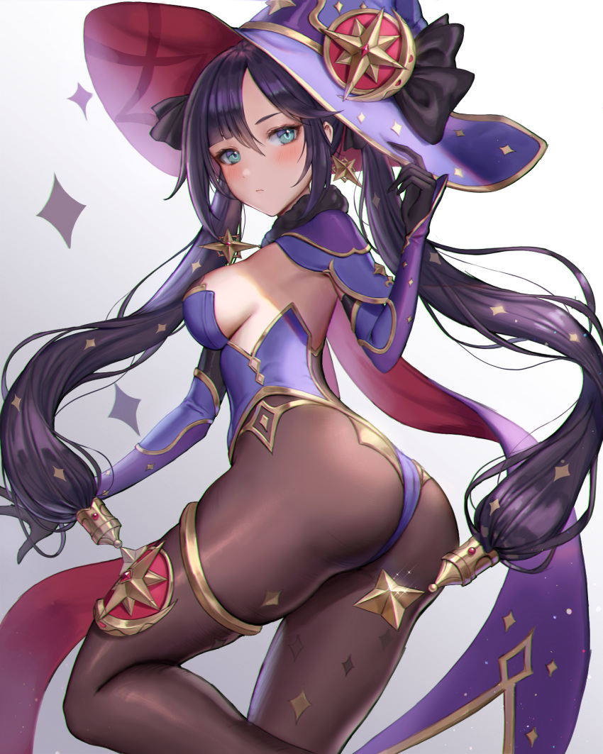 ass garter genshin_impact jademoon leotard mona_(genshin_impact) no_bra pantyhose witch