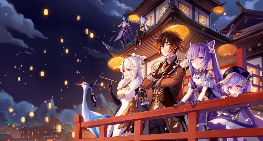 2boys 5girls absurdres bird black_hair building china_dress chinese_clothes closed_eyes cloud cloud_retainer crossed_arms dress fence ganyu_(genshin_impact) genshin_impact gloves green_hair hair_ornament hat highres holding holding_pipe horns jiangshi keqing_(genshin_impact) lalazyt lantern lantern_festival long_sleeves multiple_boys multiple_girls night night_sky ningguang_(genshin_impact) pipe purple_eyes purple_hair qiqi_(genshin_impact) rooftop sitting sky smile standing xiao_(genshin_impact) zhongli_(genshin_impact)