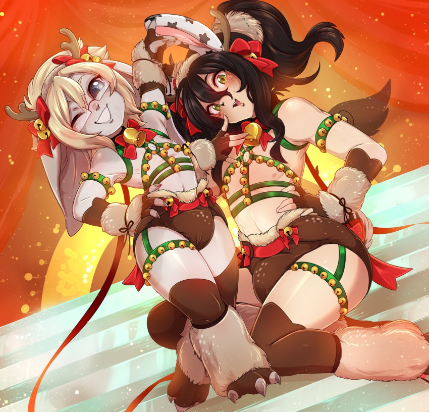 animal_humanoid antler_headband asura bell black_hair blonde_hair christmas christmas_clothing clothed clothing diaper duo eyewear girly glasses green_eyes guild_wars hair hi_res holidays humanoid jingle_bell knee_highs lagomorph lagomorph_humanoid legwear leporid_humanoid looking_at_viewer magister_jezza male mammal mammal_humanoid merunyaa rabbit_humanoid ryhn skimpy smile video_games