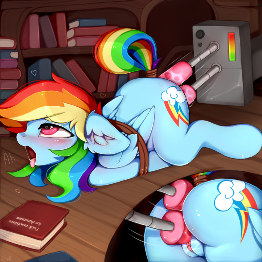 1:1 2021 absurd_res anal anal_penetration blush butt cutie_mark digital_media_(artwork) english_text equid equine female feral friendship_is_magic fucking_machine genitals hasbro hi_res inside machine mammal multicolored_tail my_little_pony open_mouth pegasus penetration pussy rainbow_dash_(mlp) rainbow_tail restrained ritter rope solo text tongue tongue_out vaginal vaginal_penetration wings