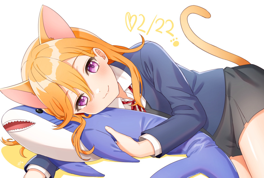 1girl animal_ears bangs cat_ears cat_tail commentary_request dated eyebrows_visible_through_hair highres long_hair long_sleeves looking_at_viewer love_live! love_live!_superstar!! lying miniskirt on_side orange_hair saki_usagi school_uniform shark shibuya_kanon shiny shiny_hair skirt solo stuffed_animal stuffed_toy tail yuigaoka_school_uniform