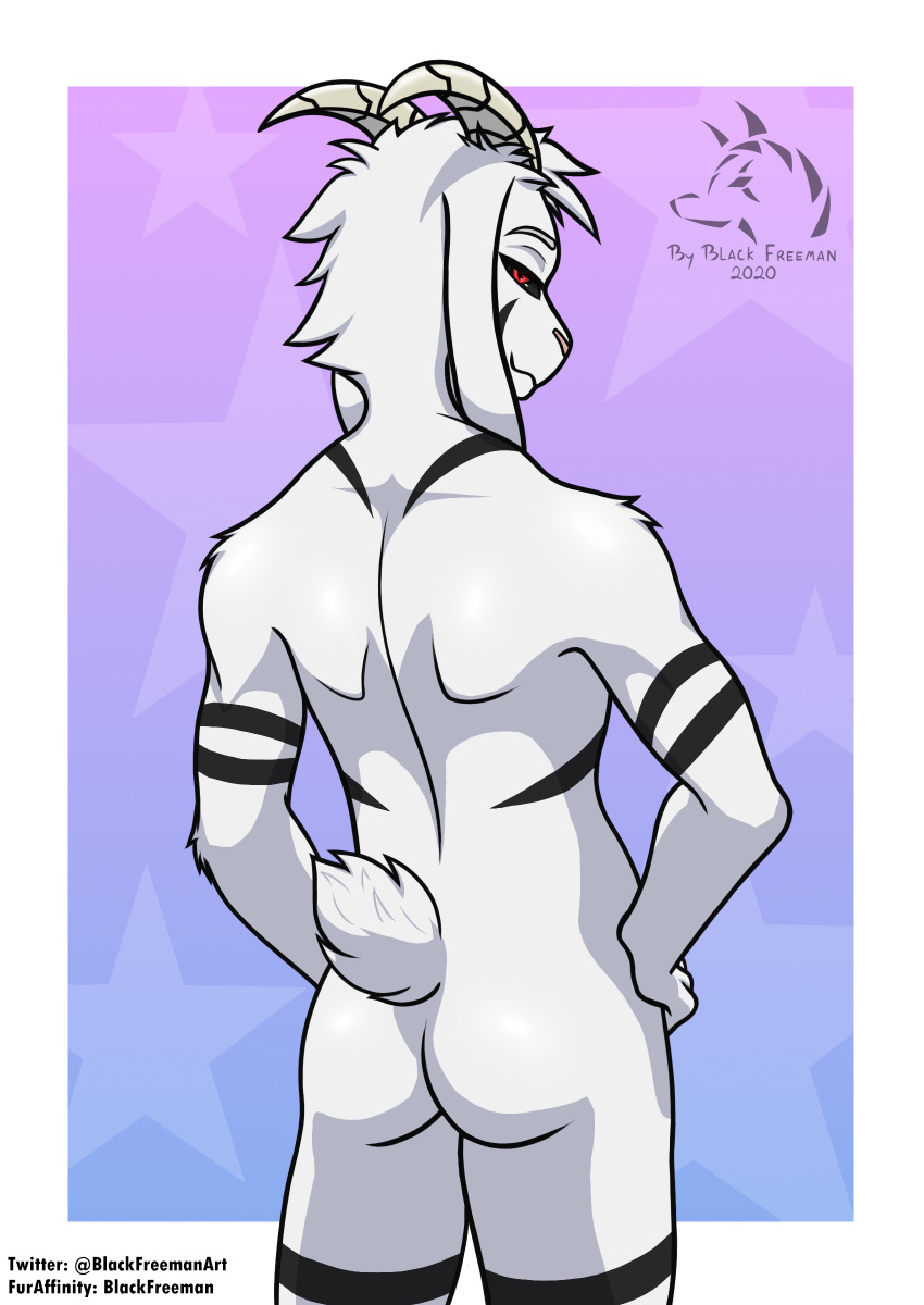 absurd_res anthro asriel_dreemurr asriel_dreemurr_(god_form) back_muscles black_markings black_sclera blackfreeman boss_monster bovid butt caprine eyebrows fur goat hand_on_hip hi_res horn long_ears looking_at_viewer looking_back looking_back_at_viewer male mammal markings muscular muscular_anthro muscular_male narrowed_eyes naughty_face naughty_smile nude presenting presenting_hindquarters raised_tail rear_view red_eyes simple_background smile solo undertale video_games white_body white_fur