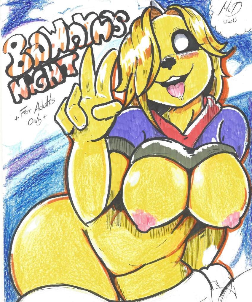 absurd_res adventure_time anthro breasts bronwyn canid canine canis cartoon_network domestic_dog female hi_res horn horned_humanoid humanoid hybrid mammal mcdave19 rainicorn solo tongue tongue_out traditional_media_(artwork) ursid yellow_body