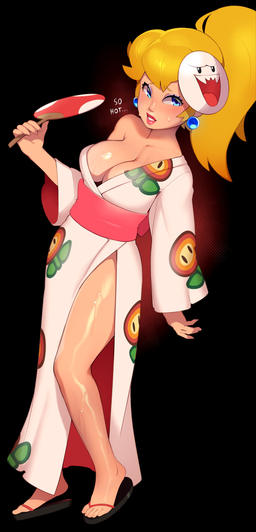 1girl absurdres blonde_hair blue_eyes boo breasts cleavage combos_&amp;_doodles english_text eyeshadow fan fire_flower full_body highres large_breasts light_blush looking_at_viewer makeup mario_(series) mask mask_on_head off_shoulder princess_peach purple_eyeshadow sandals solo standing super_mario_odyssey sweat