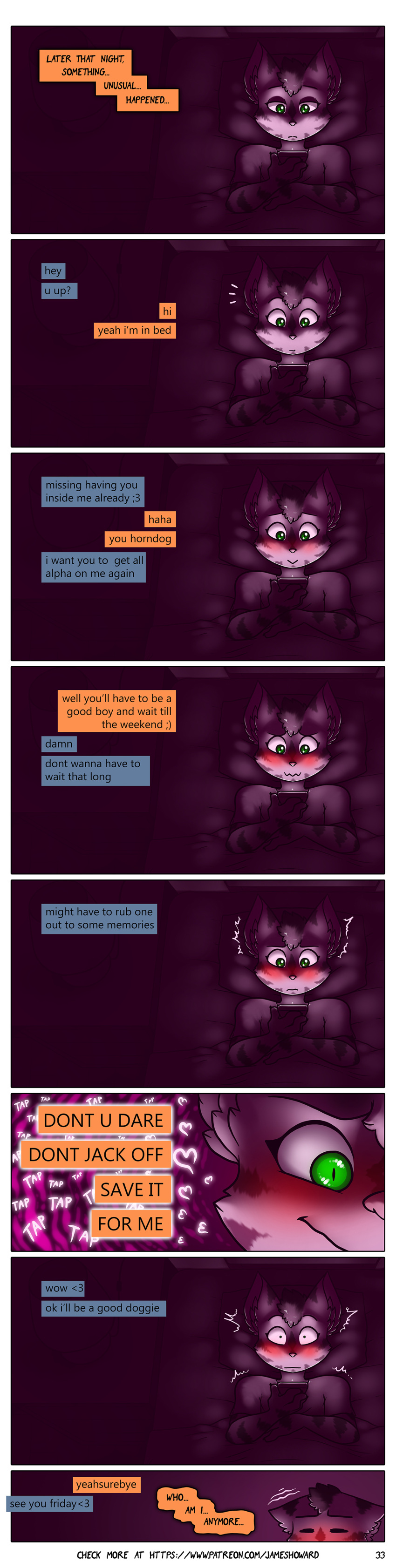 &lt;3 absurd_res alphonse_(james_howard) anthro comic dialogue dirty_talk domestic_cat felid feline felis hi_res james_howard male mammal masturbation masturbation_denial patreon solo text texting