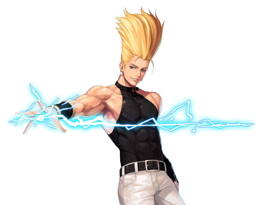 1boy animal_collar arm_at_side bangs bare_shoulders belt biceps black_belt black_collar black_tank_top blonde_hair collar collarbone commentary_request covered_abs cowboy_shot earrings electricity evilgun highres jewelry looking_at_viewer male_focus nikaidou_benimaru pants parted_lips pectorals simple_background sleeveless smile smirk smug solo standing sweatband tank_top the_king_of_fighters the_king_of_fighters_'97 toned toned_male white_background white_pants