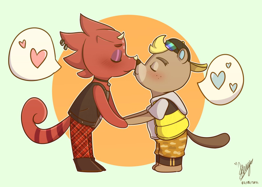 &lt;3 animal_crossing anthro beaver blonde_hair blush c.j._(animal_crossing) chameleon chibi choker clothing duo eyewear flick_(animal_crossing) gimmesomeducks goth hair hand_holding hat headgear headwear jewelry kissing lizard male male/male mammal necklace nintendo reptile rodent scalie sunglasses video_games