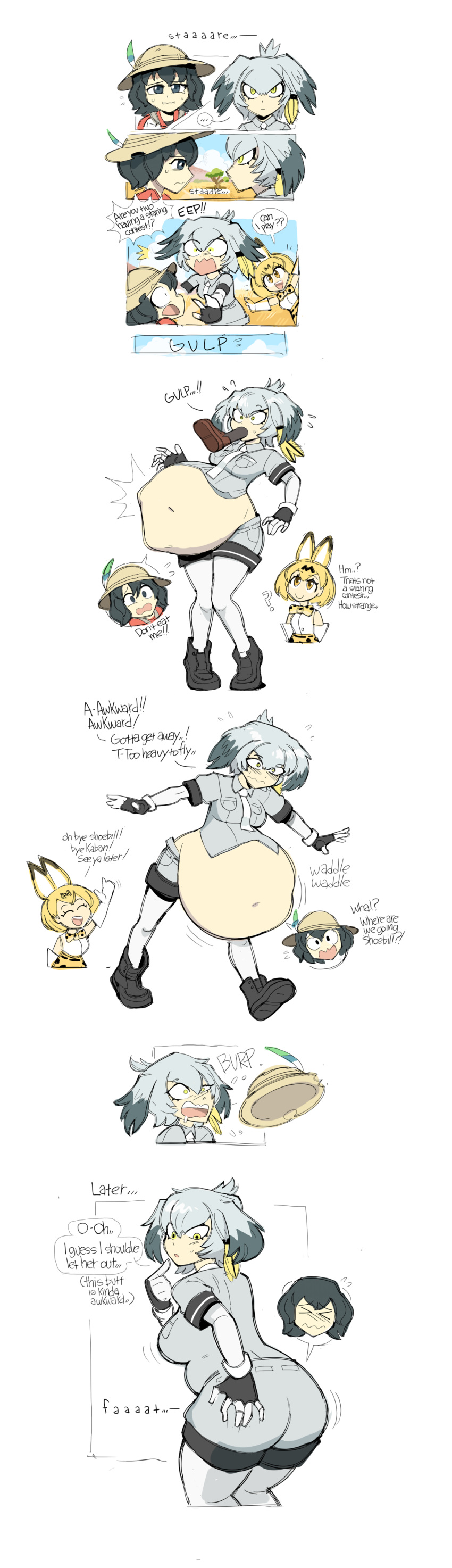 2018 absurd_res after_vore animal_humanoid avian avian_humanoid belly big_belly breasts burping butt clothing comic dr--worm english_text felid felid_humanoid female footwear gloves grey_hair group hair handwear hat headgear headwear hi_res human humanoid kaban-chan kemono_friends mammal mammal_humanoid oral_vore overweight serval-chan shoebill_(kemono_friends) shoes speech_bubble text vore yellow_eyes