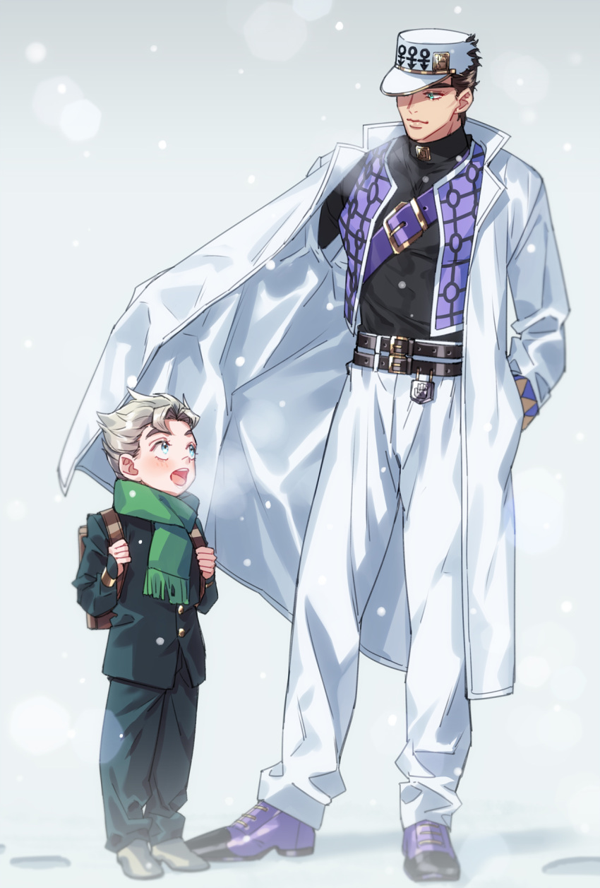 2boys :d backpack bag belt black_belt black_hair black_shirt blue_eyes blurry blush breath brown_bag closed_mouth coat commentary depth_of_field diamond_wa_kudakenai footprints full_body gakuran green_jacket green_pants green_scarf grey_background grey_footwear grey_hair hand_in_pocket happy hat height_difference highres hirose_kouichi holding_strap jacket jojo_no_kimyou_na_bouken k_(gear_labo) kujo_jotaro lips long_coat long_sleeves looking_at_another male_focus multiple_boys open_clothes open_coat open_mouth outdoors pants purple_belt purple_footwear purple_vest scarf school_bag school_uniform shirt shirt_tucked_in shoes short_hair simple_background smile snowing spiked_hair standing turtleneck upper_teeth vest white_coat white_pants