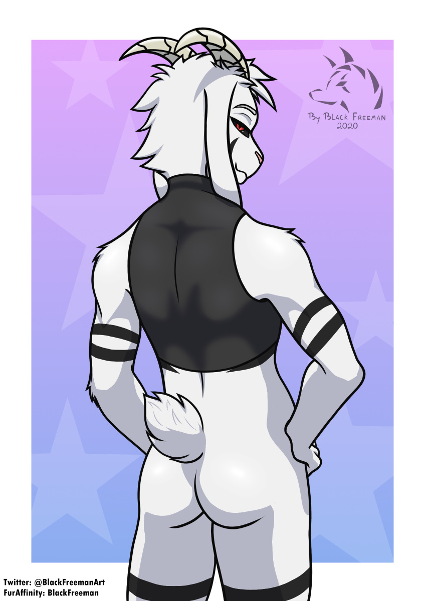 absurd_res anthro asriel_dreemurr asriel_dreemurr_(god_form) back_muscles black_clothing black_markings black_sclera black_topwear blackfreeman boss_monster bovid butt caprine clothed clothing crop_top eyebrows fur goat hand_on_hip hi_res horn long_ears looking_at_viewer looking_back looking_back_at_viewer male mammal markings mostly_nude muscular muscular_anthro muscular_male narrowed_eyes naughty_face naughty_smile presenting presenting_hindquarters raised_tail rear_view red_eyes shirt simple_background smile solo topwear undertale video_games white_body white_fur