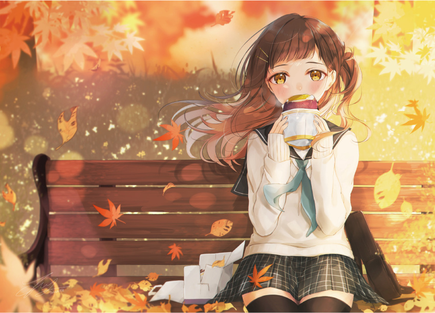 1girl autumn_leaves bangs bench black_legwear black_sailor_collar black_skirt blue_neckerchief blush brown_eyes brown_hair commentary_request floating_hair food hair_ornament hairclip hands_up highres holding holding_food leaf long_hair long_sleeves looking_at_viewer maple_leaf neckerchief on_bench one_side_up original park_bench pleated_skirt sailor_collar school_briefcase school_uniform serafuku shirt sitting skirt sleeves_past_wrists solo sweater sweet_potato takuki_takuki thighhighs white_shirt white_sweater yakiimo