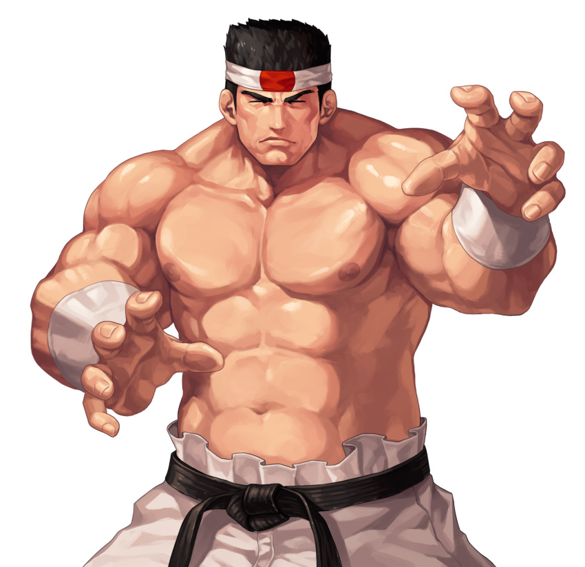 1boy abs biceps black_hair closed_eyes closed_mouth commentary_request cowboy_shot daimon_gorou evilgun facing_viewer fighting_stance fingernails hachimaki headband highres large_pectorals male_focus muscular muscular_male navel nipples pants pectorals serious shirtless short_hair sideburns simple_background solo standing the_king_of_fighters the_king_of_fighters_'97 thick_eyebrows white_background white_pants