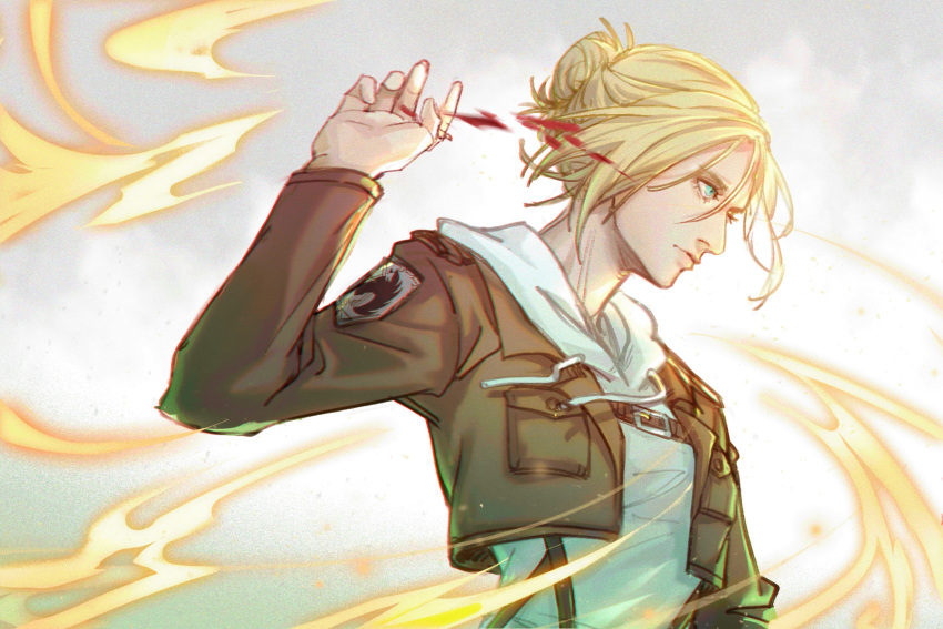 1girl annie_leonhardt belt_buckle blonde_hair blood blue_eyes buckle hair_bun highres jacket medium_hair nose renshena serious shingeki_no_kyojin solo_focus