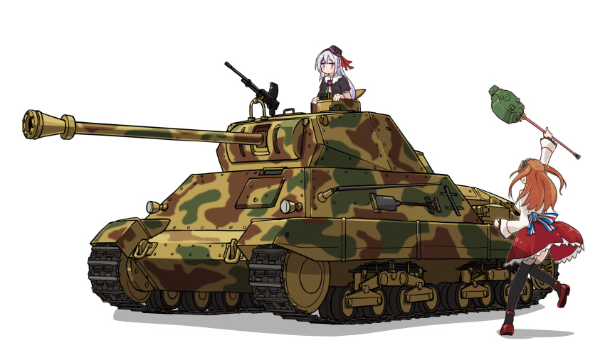 .live 2girls :&lt; armored_vehicle black_legwear blush brown_hair carro_armato_p40 carro_pino cupola ground_vehicle gun hat highres leg_up machine_gun military military_vehicle motor_vehicle multiple_girls open_mouth purple_hair simple_background tank tank_turret thighhighs thread virtual_youtuber voizerick weapon white_background