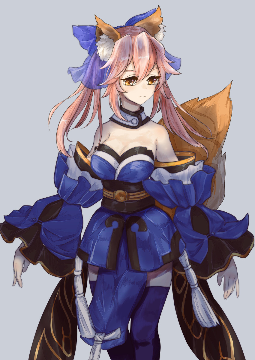 1girl absurdres animal_ear_fluff animal_ears artist_request bare_shoulders blue_kimono blue_legwear blue_ribbon breasts cleavage closed_mouth detached_sleeves eyebrows_visible_through_hair fate/extella fate/extra fate/extra_ccc fate/grand_order fate_(series) fox_ears fox_girl fox_tail hair_ribbon highres japanese_clothes kimono large_breasts looking_away pink_hair ribbon simple_background solo tail tamamo_(fate)_(all) tamamo_no_mae_(fate) white_background yellow_eyes